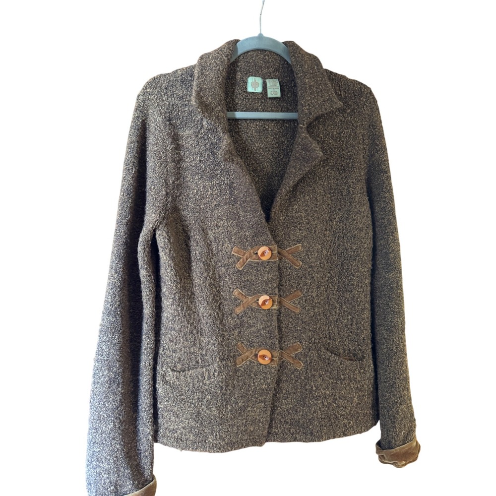 Anthropologie HWR Heirloom Brown Boucle Wool Blend Cardigan Velvet Trim Button M